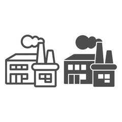 Poster - Factory with chimneys and smoke line and solid icon, labour day concept, Industrial building sign on white background, silhouette of factory icon in outline style for mobile and web. Vector graphics.