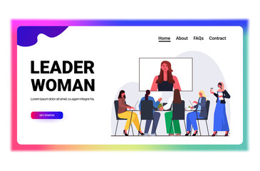 Poster - businesspeople having online conference meeting business women discussing with leader woman during v