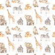 Watercolor seamless pattern mom and baby with lions, leopards, elephants, giraffes, zebras, lemurs, monkeys on a white background