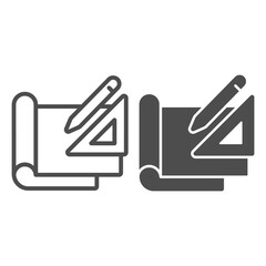 Poster - Project sheets and ruler with pencil line and solid icon, labour day concept, Design Project sign on white background, Technical drawing with ruler and pencil icon in outline style. Vector graphics.