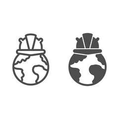 Poster - Planet with helmet line and solid icon, labour day concept, industrial globe sign on white background, Earth and helmet icon in outline style for mobile concept and web design. Vector graphics.