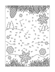 Snowflake connect the dots puzzle and coloring page. Full page activity sheet for kids and adults. Learning or reinforcing math basics of numbers and order.
