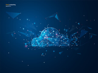 Poster - Cloud computing online storage low poly. Blue glowing global file exchange available background vector illustration