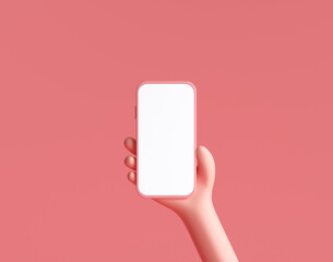 Poster - 3D Smartphone holding concept. phone screen for template replacement, cartoon hand. 3d render illustration.