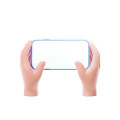 Poster - 3D Cartoon hands holding smartphone horizontal way with blank screen on isolate white background, phone mockup. 3d render illustration.