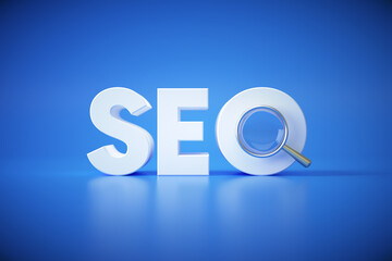 Aufkleber - SEO search engine optimization concept logo with magnifying on blue background. marketing strategy, online social media search engine 3d render illustration