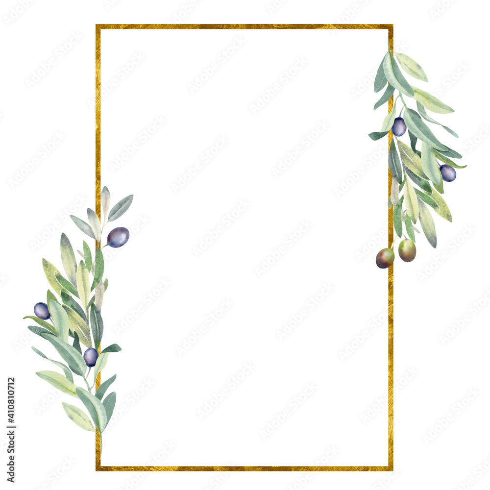 Hand paint watercolor gold frame with olive branches and leaves on ...