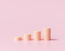 Minimal Coin Stacks Growing Graph On Pink Background. Business Investment And Saving Money Concept. 3d Render Illustration