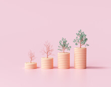 Minimal Coin Stacks Growing Graph With Trees On Pink Background. Growing Trees On Coin Stacks, Business Investment And Saving Money Concept. 3d Render Illustration