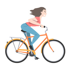 Sticker - Beaming Woman Riding Bicycle Enjoying Vacation or Weekend Activity Vector Illustration