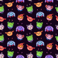 Watercolor seamless pattern with cute funny animal faces.Colorful hand drawn illustration with various cartoon muzzles isolated on black background.