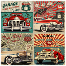 Set Of Vintage Car Metal Signs,Garage, Filling Station, Tire Shop Retro Poster.