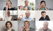 © Angelov - Many portraits faces of diverse young and aged people webcam view, while engaged in videoconference on-line meeting lead by businessman leader. Group video call application easy usage concept