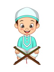 Wall Mural - Cartoon Muslim boy reading Quran