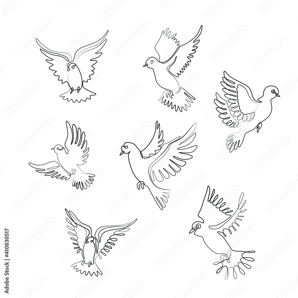 Bird flying set continuous line drawing, pigeon or dove, tattoo, print for clothes and logo design, silhouette one single line on a white background, isolated vector illustration. Stock Vector | Adobe Stock bird-flying-set-continuous-line-drawing-pigeon-or-dove-tattoo-print-for-clothes-and-logo-design-silhouette-one-single-line-on-a-white-background-isolated-vector-illustration-stock-vector-adobe-stock
