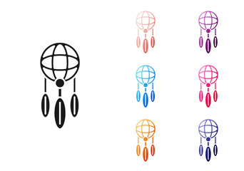 Poster - Black Dream catcher with feathers icon isolated on white background. Set icons colorful. Vector.