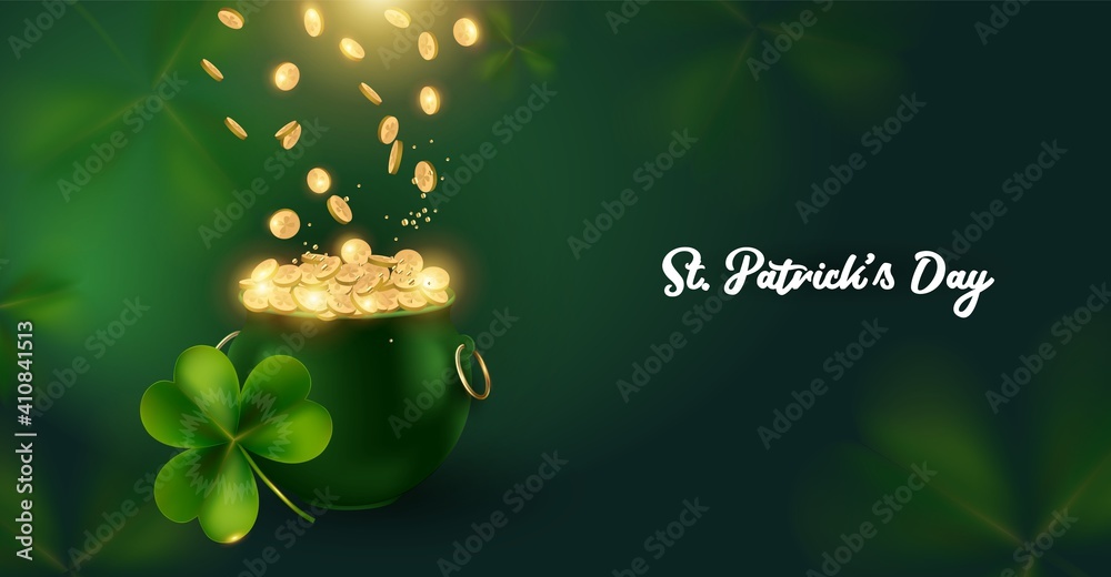 St. Patrick's Day background with pot and riches. The gold coins falling down in the green pot .A horizontal banner with space for text.vector illustration - obrazy, fototapety, plakaty 