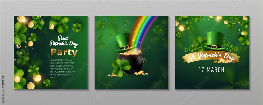 St. Patrick's Day set of flyers brochures, invitation to a holiday, corporate holiday. a leprechaun hat, a shamrock, a pot of gold coins, a rainbow, on a dark green background. Vector illustration. - obrazy, fototapety, plakaty 