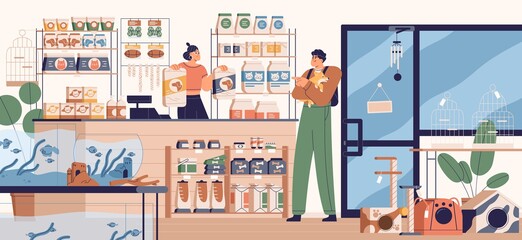 People in pet store buying food for dog. Buyer and seller inside zoo shop with toys, feed and other products for animals. Colored flat vector illustration of modern petshop interior