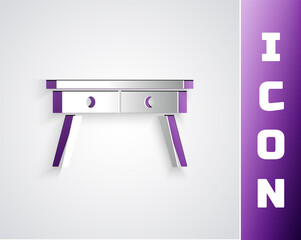 Poster - Paper cut Office desk icon isolated on grey background. Paper art style. Vector.