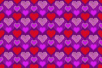 Poster - Hearts pattern. Pink and red hearts seamless textile pattern. different style hearts on purple background.