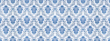 Old Retro Antique Vintage Rough Blue White Wallpaper Texture Background Banner Panorama, With Seamless Pineapple, Flower And Leaf Print Motive