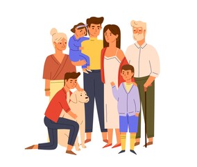 Poster - Members of big happy family standing together with senior grandparents, parents, children and dog. Portrait of mother and father with kids. Color flat vector illustration isolated on white background