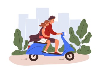 Wall Mural - romantic couple riding a scooter. young man and woman traveling by motorcycle together in summer. gu