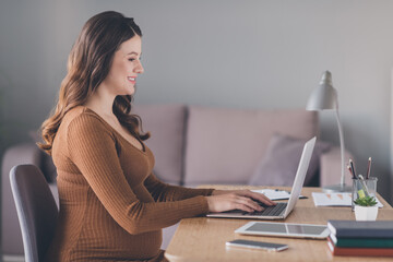 Canvas Print - Photo portrait of pregnant woman typing on laptop sitting at desk in modern office