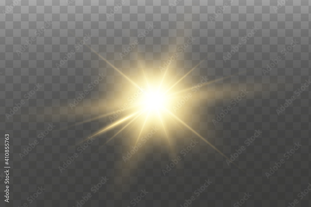Shining golden stars isolated on transparent background. Effects, glare, lines, glitter, explosion, golden light. Vector illustration. Set. - obrazy, fototapety, plakaty 