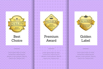 Wall Mural - Best choice premium award golden label, guarantee sign logotypes in white frames, posters with text vector illustration on purple background