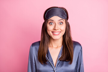 Sticker - Photo portrait of excited gorgeous woman isolated on pastel pink colored background