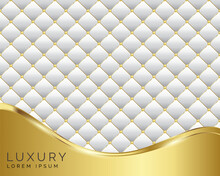 Vector Abstract White Diamond Shape Upholstery Luxury Background With Golden Buttons Border & Golden Ribbon & Strip