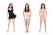 © Jochen Schönfeld - Three full length portraits of an attractive young woman wearing an elegant black dress, sexy lingerie and swimwear, isolated in front of white studio background