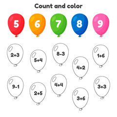 Coloring book number for kids. Worksheet for preschool, kindergarten and school age. Addition. Count and color.