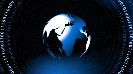 Poster - Abstract motion background with rotating earth globe in blue - pulsating rings of binary code arranged in cylinder shape - global internet or information technology