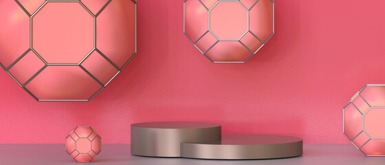 Poster - Chinese New Year product for red display and Gold podium on Background. Red lantern Japanese minimal Concept. paper art, greetings card, posters- 3d Rendering