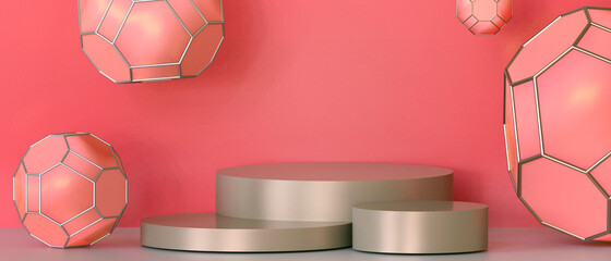 Poster - Chinese New Year Background and Gold podium for product display. Red lantern Japanese simple Concept. posters, brochure, banners, calendar, greeting card- 3d Rendering