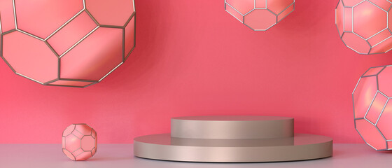 Poster - Chinese New Year Background and Gold podium for product display. Red lantern Japanese Modern Concept. posters, banners, invitation,Copy Space - 3d Rendering