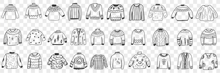 Various warm knitted sweaters doodle set. Collection of hand drawn stylish elegant jackets sweaters cardigans with different patterns for cold weather isolated on transparent background