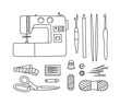 Vector illustration of supplies and tools for sewing. Sewing machine, scissors, pins, threads, needles, knitting threads, knitting needles, hook, measuring meter. Line art. Sewing hobby concept.