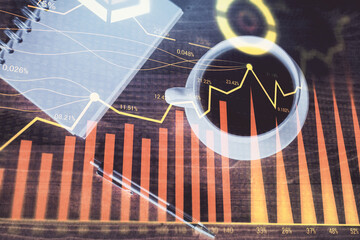 Multi exposure of forex chart drawing and work table top veiw. Concept of financial analysis.