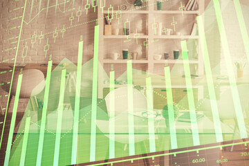 Double exposure of financial graph drawing and office interior background. Concept of stock market.