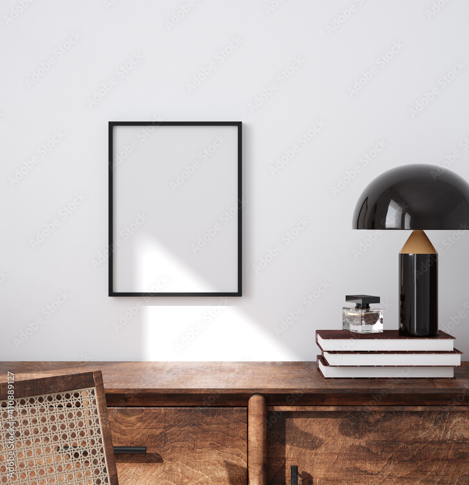 Mockup poster frame close up in minimalist modern interior background, 3d render - obrazy, fototapety, plakaty 