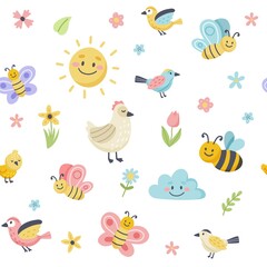 Wall Mural - Easter spring pattern with cute birds, bees, butterflies. Hand drawn flat cartoon elements. Vector illustration