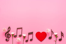 Love Songs. Valentines Day Music With Notes And Flowers