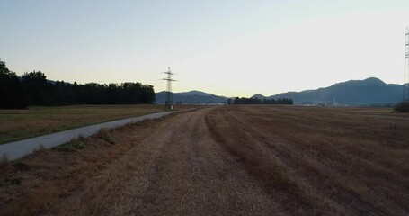 Wall Mural - Low flying drone over agriculture farmland farming fields and mountains in the distance. Countryside gravel road and agronomy flatland in Slovenia. Electric pylon and wires on the field