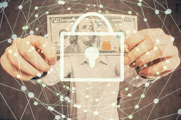 Poster - Double exposure of lock drawing hologram and us dollars bills and man hands. Security concept