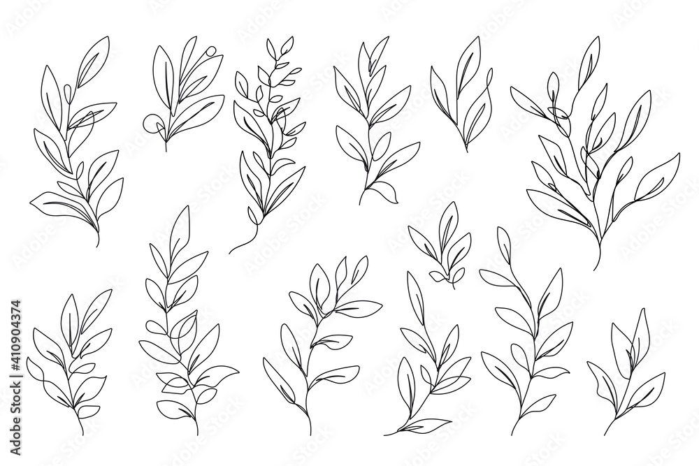 Vector Set of Hand Drawn Line Art Botanical Elements, Leaves, Flowers. Minimalist Trendy Contemporary Design Perfect for Wall Art, Prints, Social Media, Posters, Invitations, Branding Design. - obrazy, fototapety, plakaty 