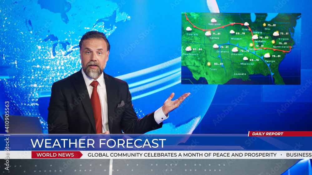 Live News Studio Professional Anchor Reporting on Weather Forecast. Weatherman, Meteorologist, Reporter in Television Channel Newsroom with Video Screen Showing Weather Synoptic Map Chart for U.S. - obrazy, fototapety, plakaty 